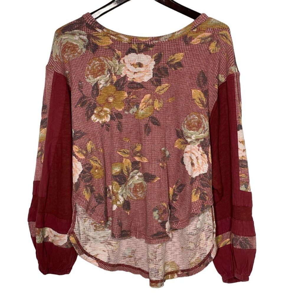 Free People Flower Patch Waffle Knit Thermal Top Red Sz MED